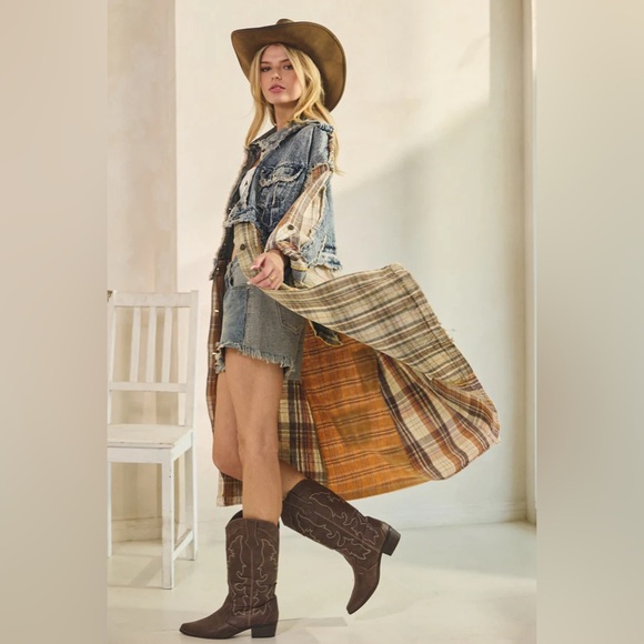 Oli & Hali The Rodeo Poet Jacket | Denim Patchwork Longline Shirt Coat - Picture 5 of 12